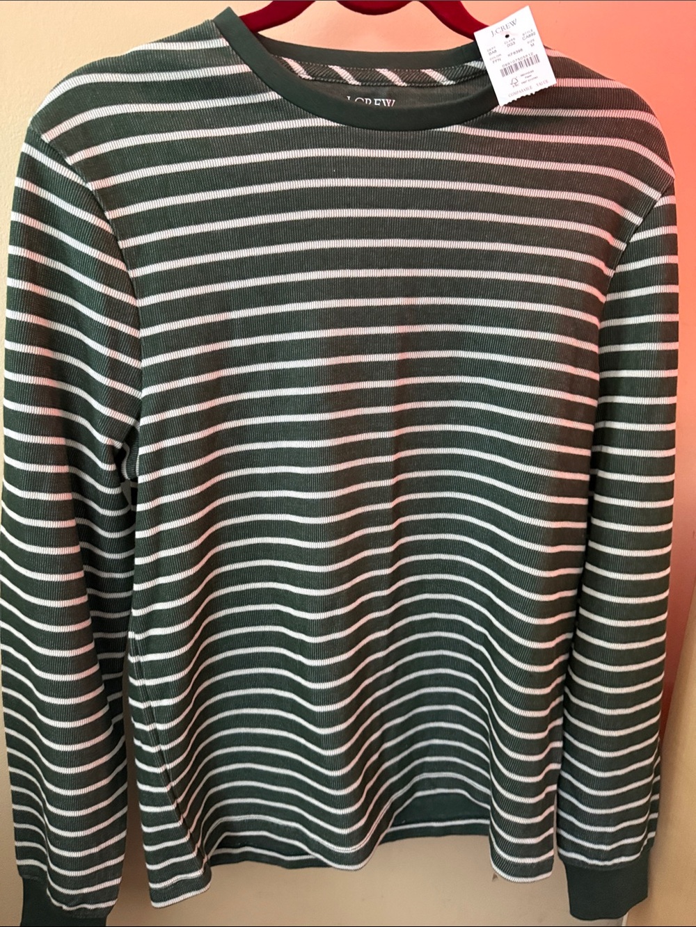 J. Crew Men’s Forest Green and White Striped Crewneck Sweater
